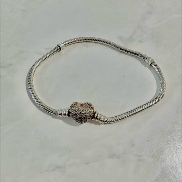 Pandora Silver Bracelet with Rose Gold Heart Pavé Charm WITH 2 CLIP CHARMS - Picture 2 of 4